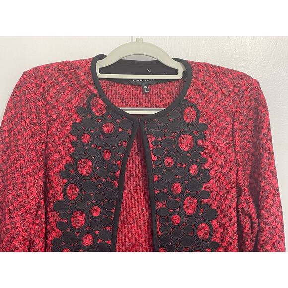 Ming Wang Marled Knit Cardigan Sweater XS Red Black Embroidered Country Club NWT - Picture 2 of 5